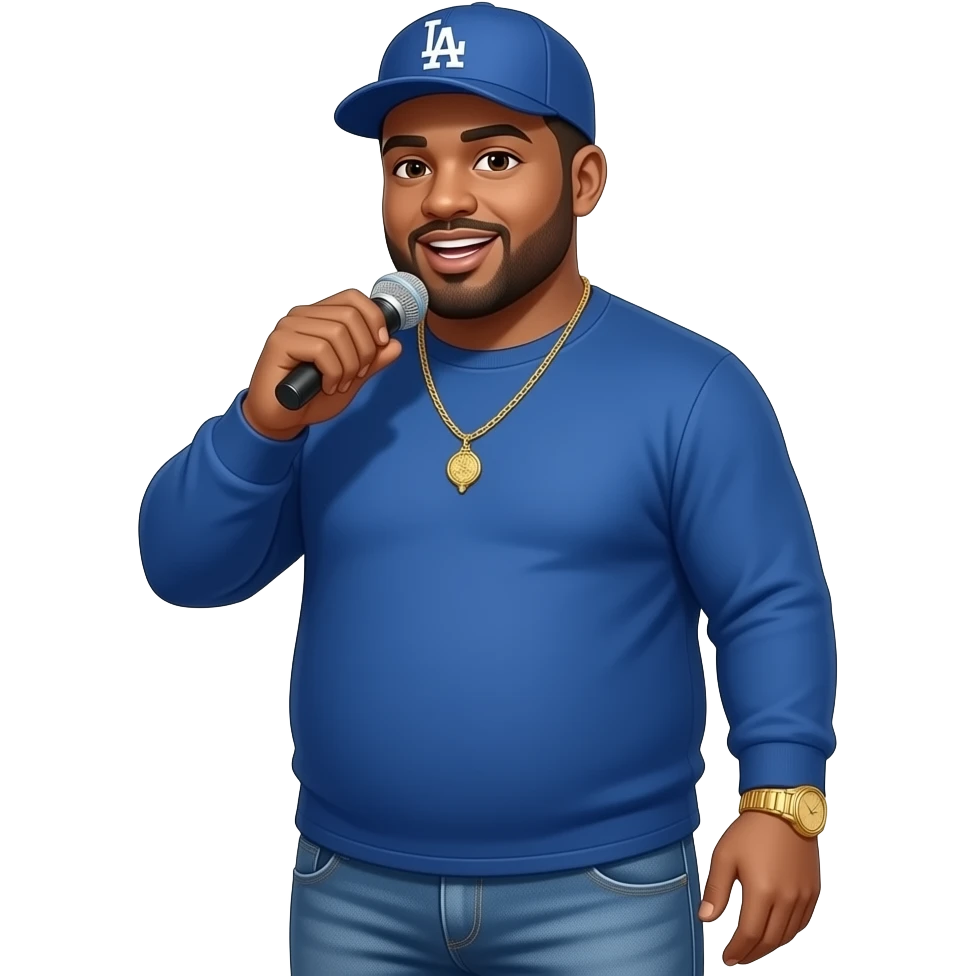 Chubby man with light honey skin tone and lightly shaved black beard wearing a blue Los Angeles Dodgers logo baseball cap wearing a long sleeve blue shirt wearing a gold tennis necklace and a gold wrist watch wearing denim jeans writing a rap song emoji