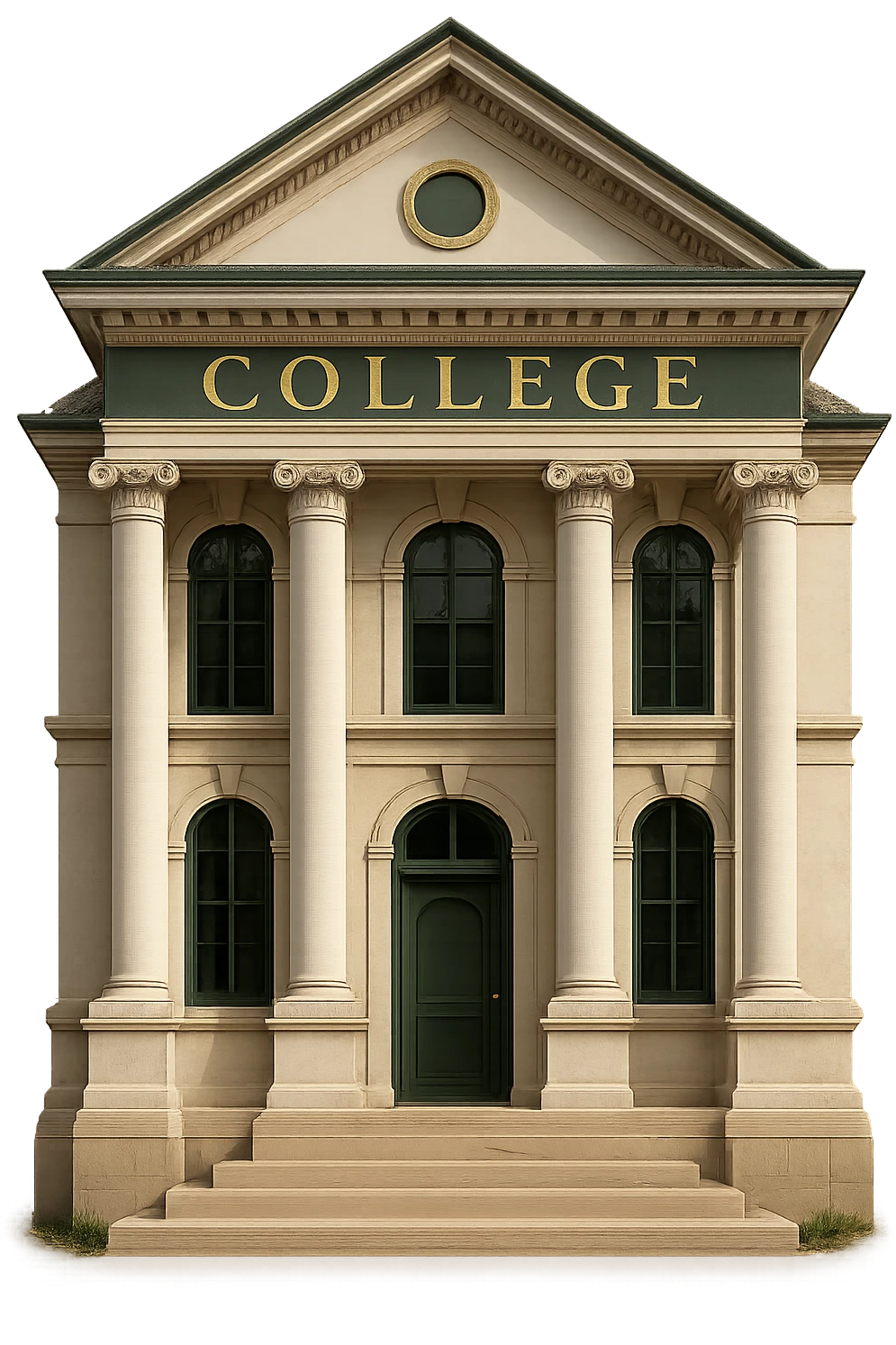Make the college building less cartoonish, more realistic and professional with a green, gold, and white color scheme. The design should have a classic look with elegant lines and decorative details, with no background. emoji