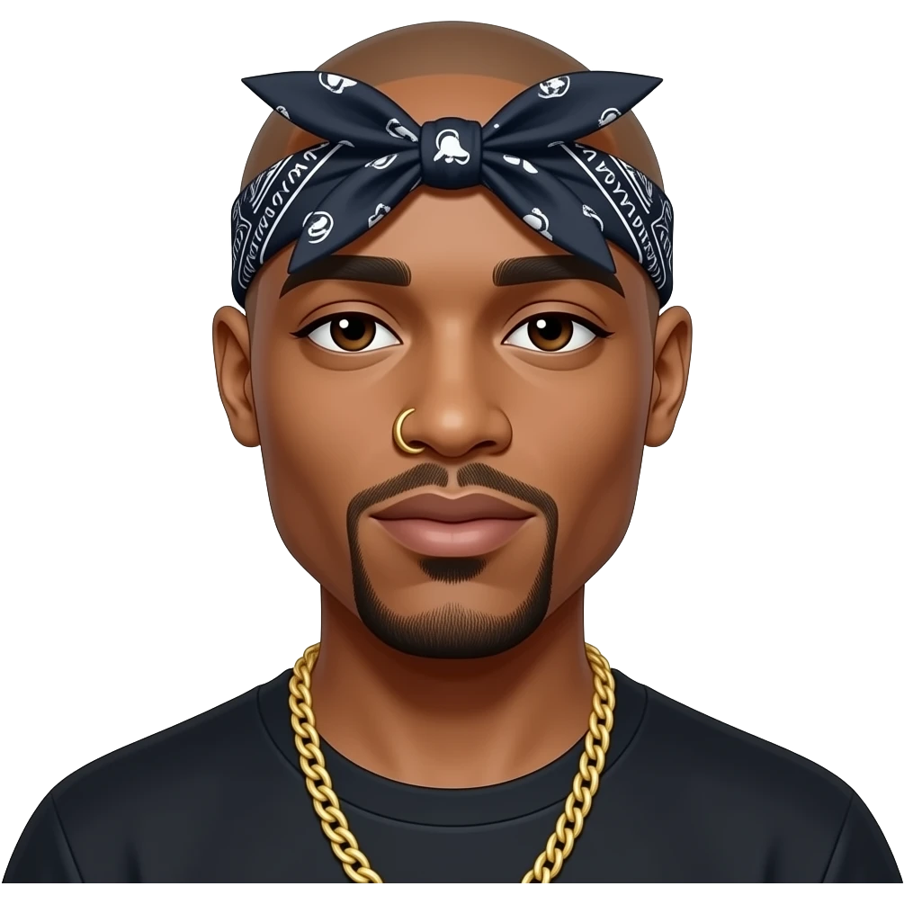 Emoji-style portrait of Tupac Shakur with a bald head, goatee, nose ring, and iconic bandana tied in the front. Confident expression, gold chain, bold outlines, smooth gradients, vibrant colors, modern iOS emoji style, clean background emoji