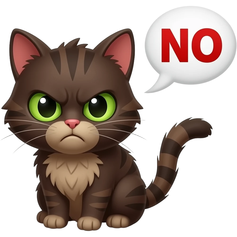 Cute grumpy angry dark brown scrunkly cat with green eyes saying “NO” in red letters with a speech bubble emoji
