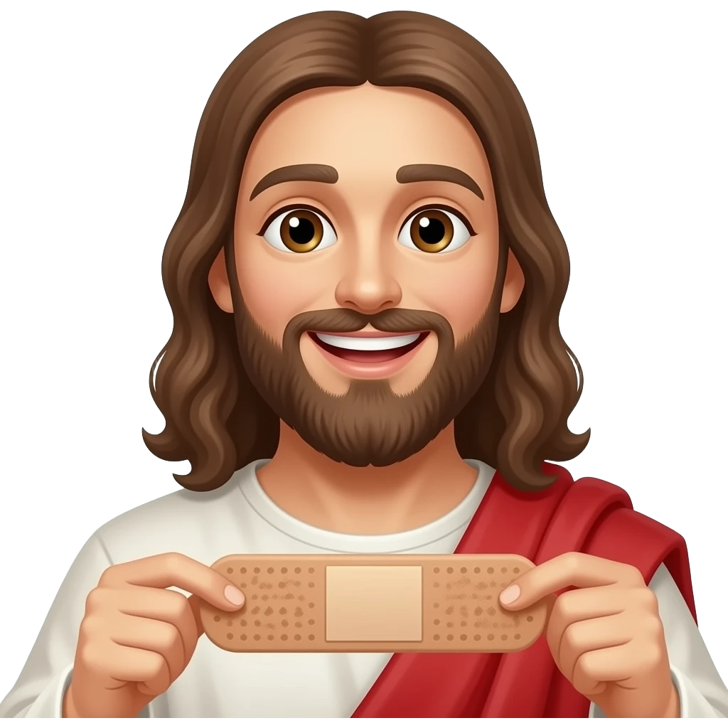 Jesus holding a big bandaid with a smile on his face emoji