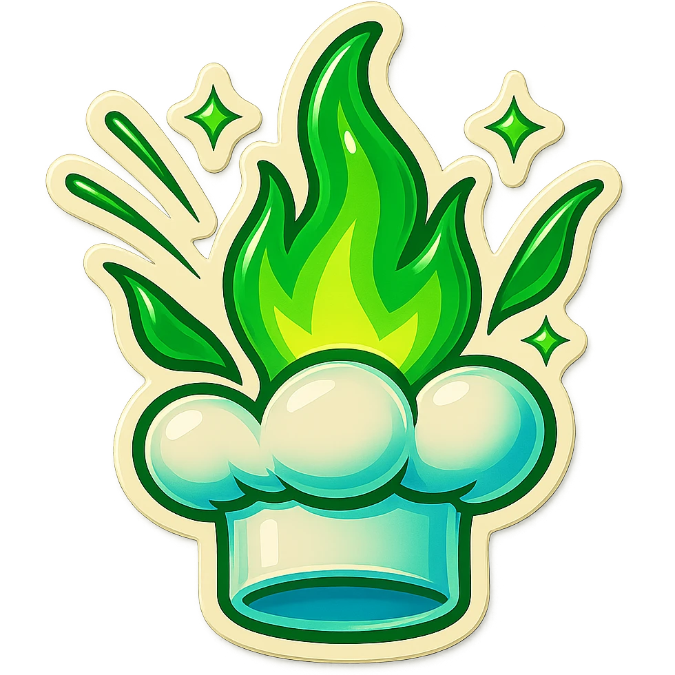 chef's hat explode with trails of fires, emoji, playful, magic flame green gradient, vibrant, flame matching style reference file emoji