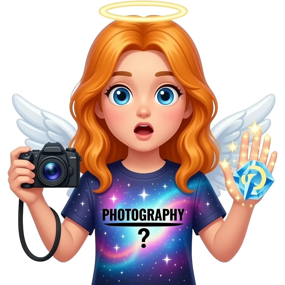 An ethereal blue eyes, glowing amber hair, faceless angel, hand made of starlight holding a crystalline Pinterest logo on the right hand, a camera on the left, surprised. A black decorative text: 'PHOTOGRAPHY?' on center of t-shirt. Glowing nebula colors, isolated on white, bold 3D icon emoji