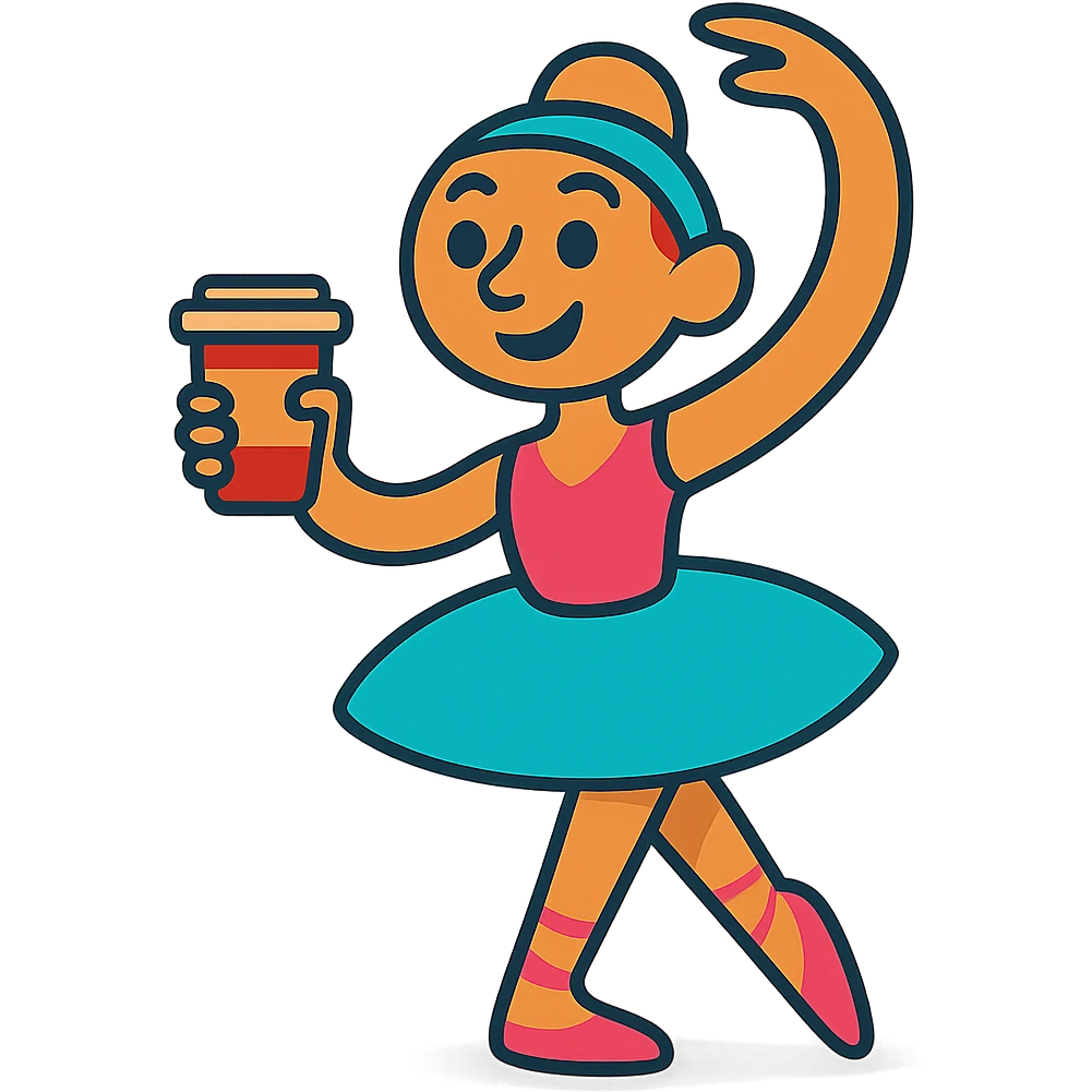 a friendly colorful illustration of a ballerina holding a cup of coffee emoji