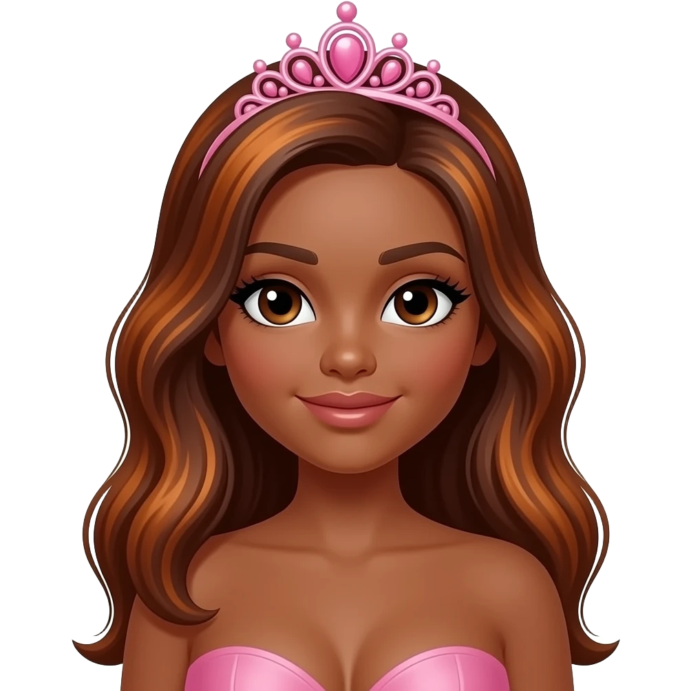 hair with pink tiara, Dark brown eyebrows,Dark brown skin, Doll shaped face, doll eyes, wavy with side part longer straightened auburn  hair with dark brown highlights, big breast no bra emoji