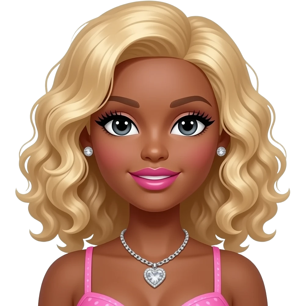 Black girl, Pink big lips, black doll eyes, dark brown skin, Long giant lashes,Doll faced shaped, silver Swarovski heart necklace, big diamond earrings studs, bimbo, black doll eyes, barbie, darker brown skin with curly blonde hair, big breast, no bra emoji