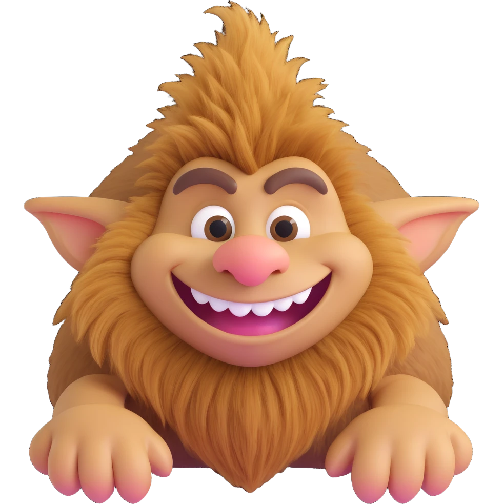 tan furry troll, 3d style, big nose, friendly smile emoji