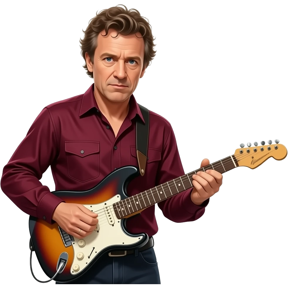 cinematic realistic HD young, tousled-haired guitarist Mark Knopfler in a dramatic playing pose, burgundy, luxurious shirt - backlit by spotlights emoji