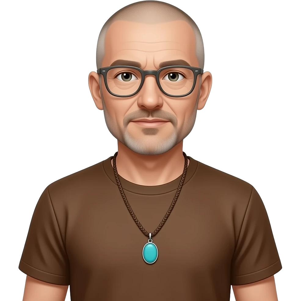 shaved face pendant without a clasp Turquoise pendant on brown paracord t shirt almost bald shaved short hair full-length photo of extreme streetwear clean-shaven face cool boy thin metal-framed glasses ery entellectual man, 60 years old, street wear stubble, shaved short with clippers emoji