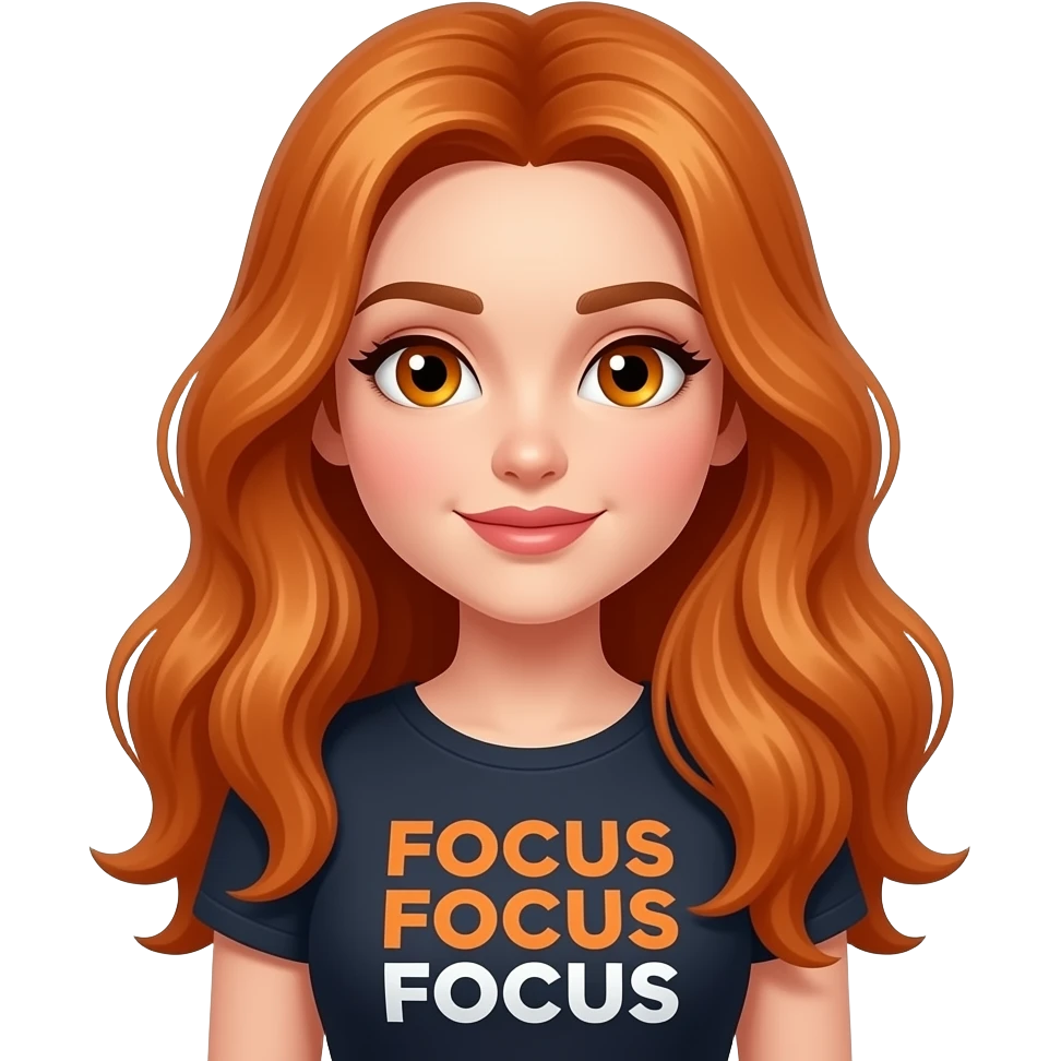 sexy girl with overlong ginger hair and ginger eyes a top with FOCUS FOCUS FOCUS written on it emoji