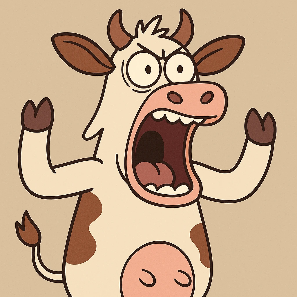 a cow yelling loudly, eyes wide, animated style emoji