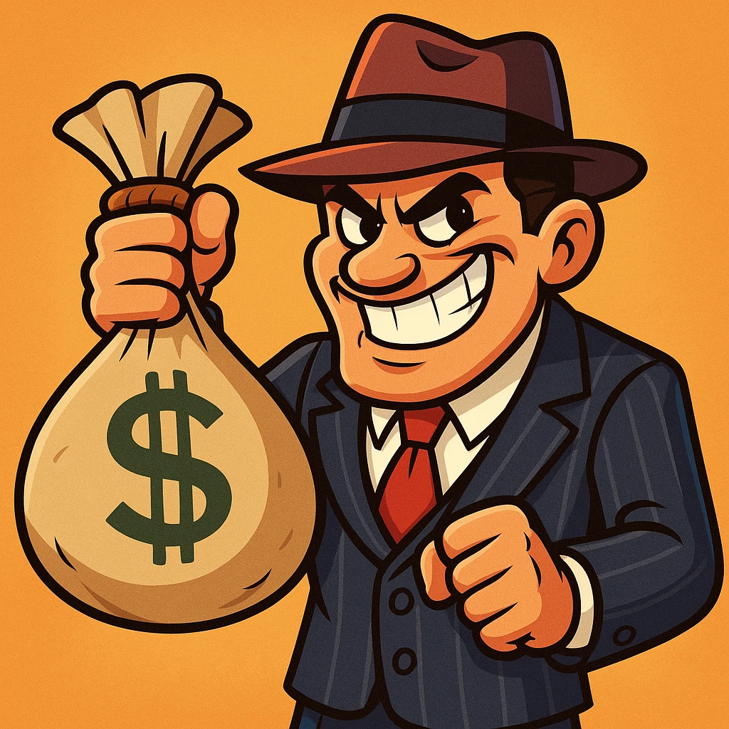 gangster character, cartoon style, holding a money bag, mischievous grin emoji