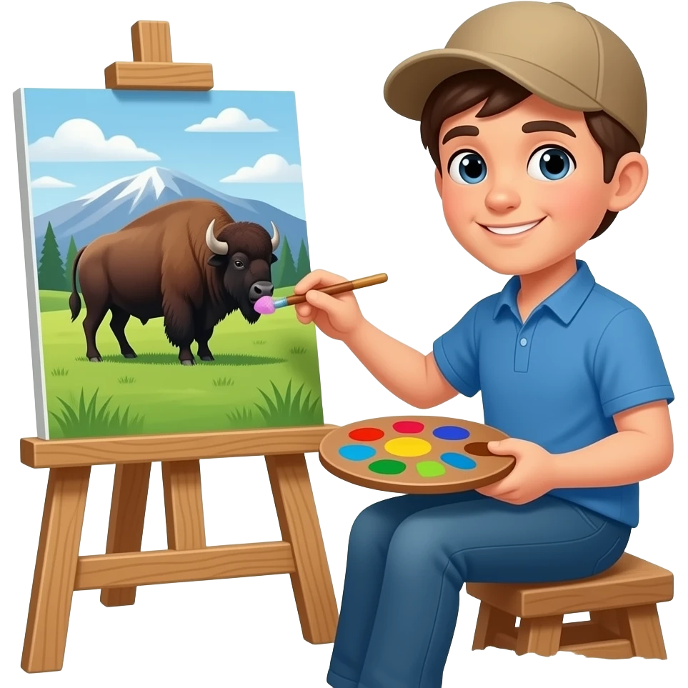 person painting at yellowstone with buffalo in the background emoji