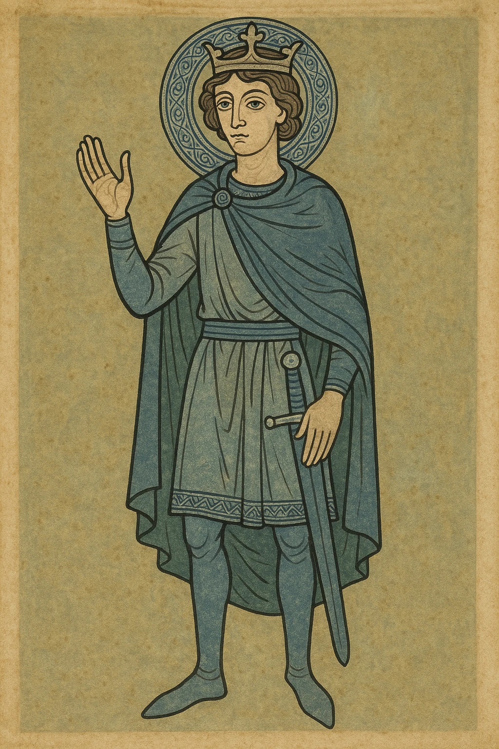 the prince from Snow White, in a royal pose, medieval European attire, soft colors emoji