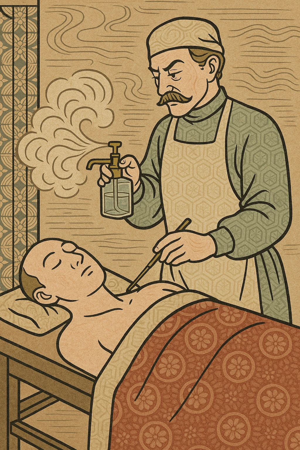 A victorian surgeon using a carbolic spray and wearing a gown operating on a patient who is asleep emoji