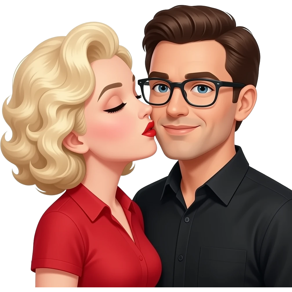 blonde marilyn monroe curly hairstyle in a red shirt kissing a man with brownish hair with glasses in a black shirt emoji