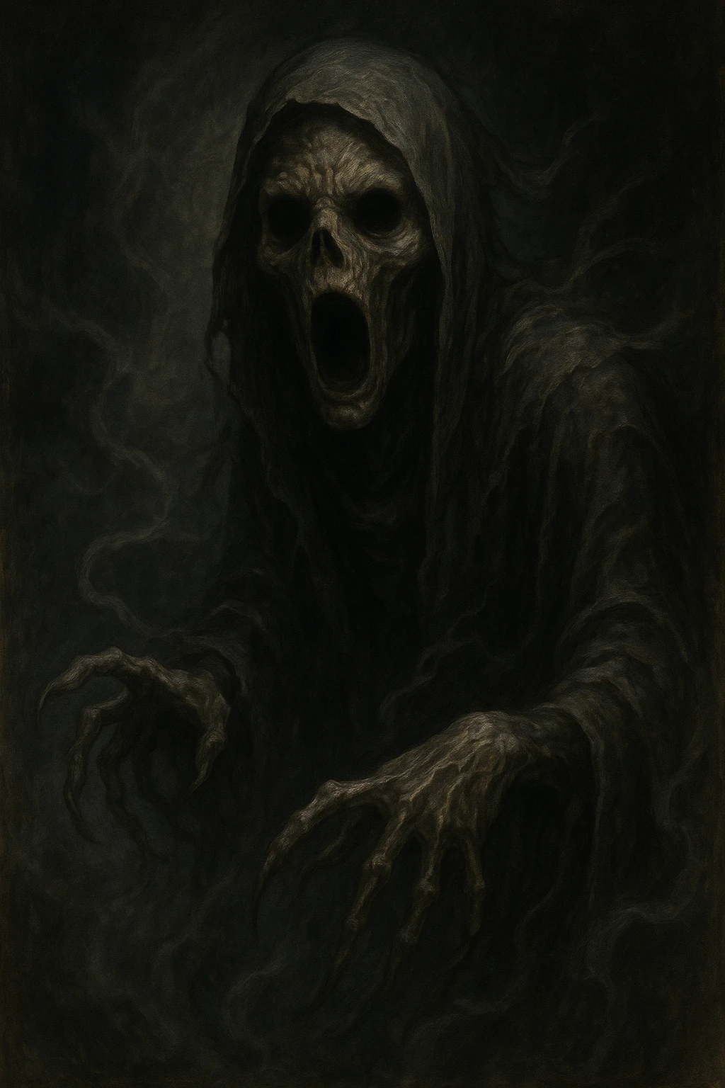 dementor, detailed illustration, haunting face, wispy hands, dramatic lighting, unique style, atmospheric emoji