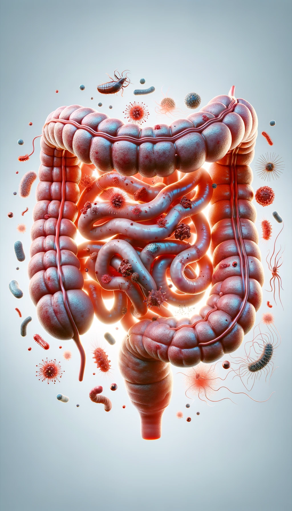 intestino umano realistico con batteri e parassiti che gli fluttuano intorno, sfondo chiaro, iperrealistico 4k emoji