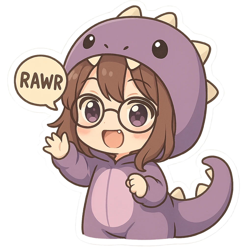 chibi anime style girl with glasses, brown hair, dark purple eyes, wearing a purple dinosaur costume, saying 'rawr' in a cute playful way emoji
