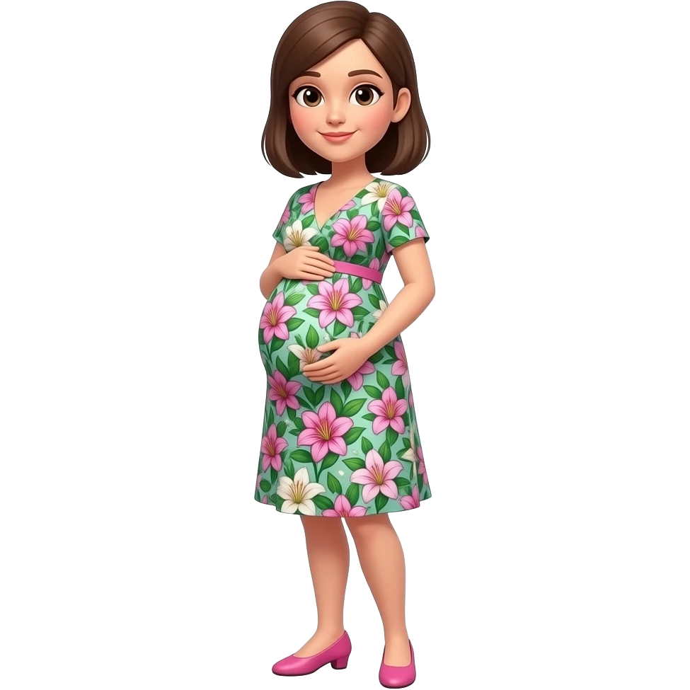 Short pregnant women. Wearing a lily politzer dress and pink shoes. She has brown semi straight hair in a  side part emoji