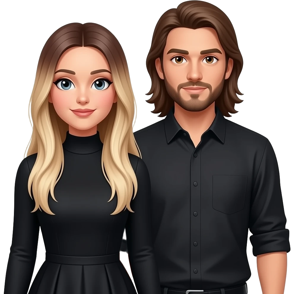 grey eyes woman, In long sleeves black dress, with extreme long very straight blond hair with ombré hair and her boyfriend, with long brown straight hair beard and brown eyes emoji