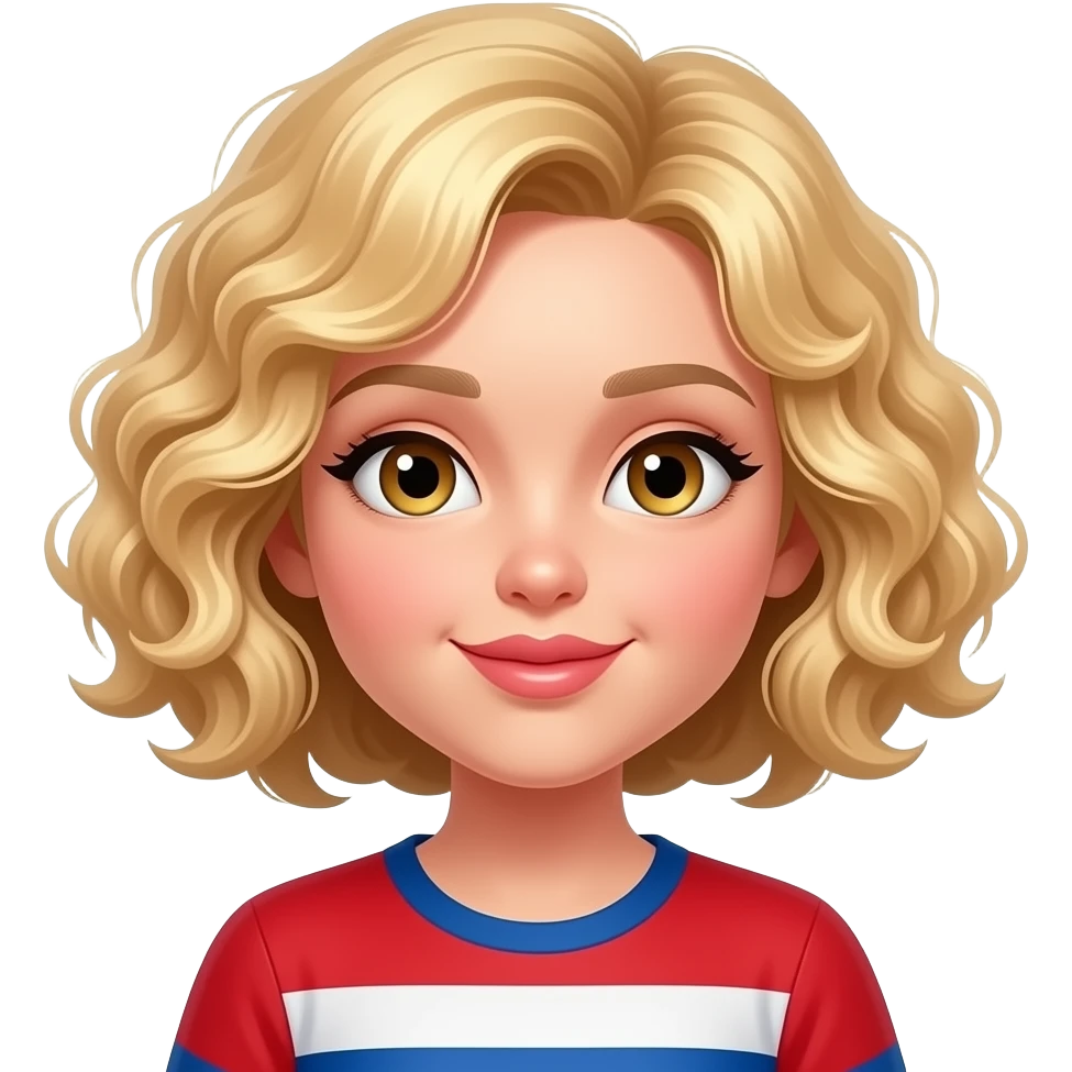blonde curly bob  kissing face with smiling eyes in red, white and blue shirt emoji