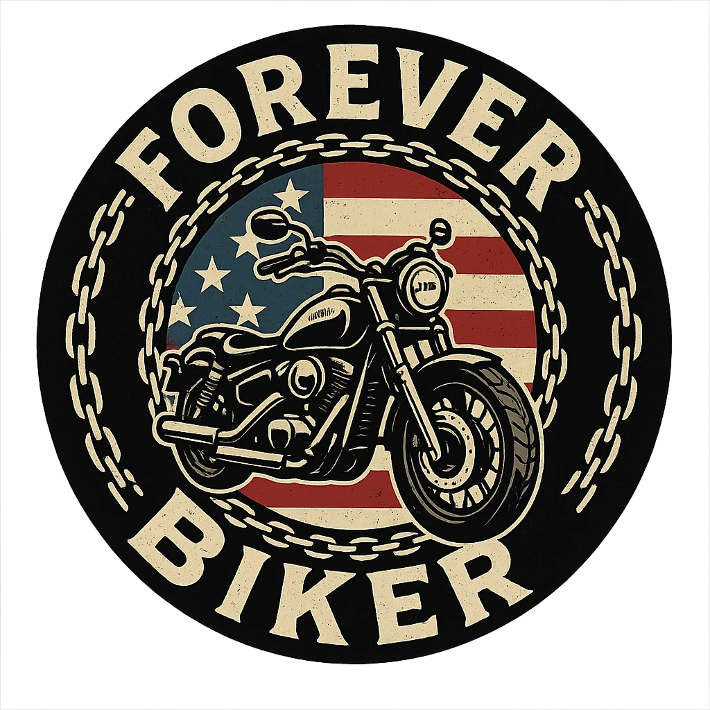 circular transparent background design for motorcycle cap, text 'FOREVER BIKER', motif: motorcycle, chain, American flag, USA style emoji