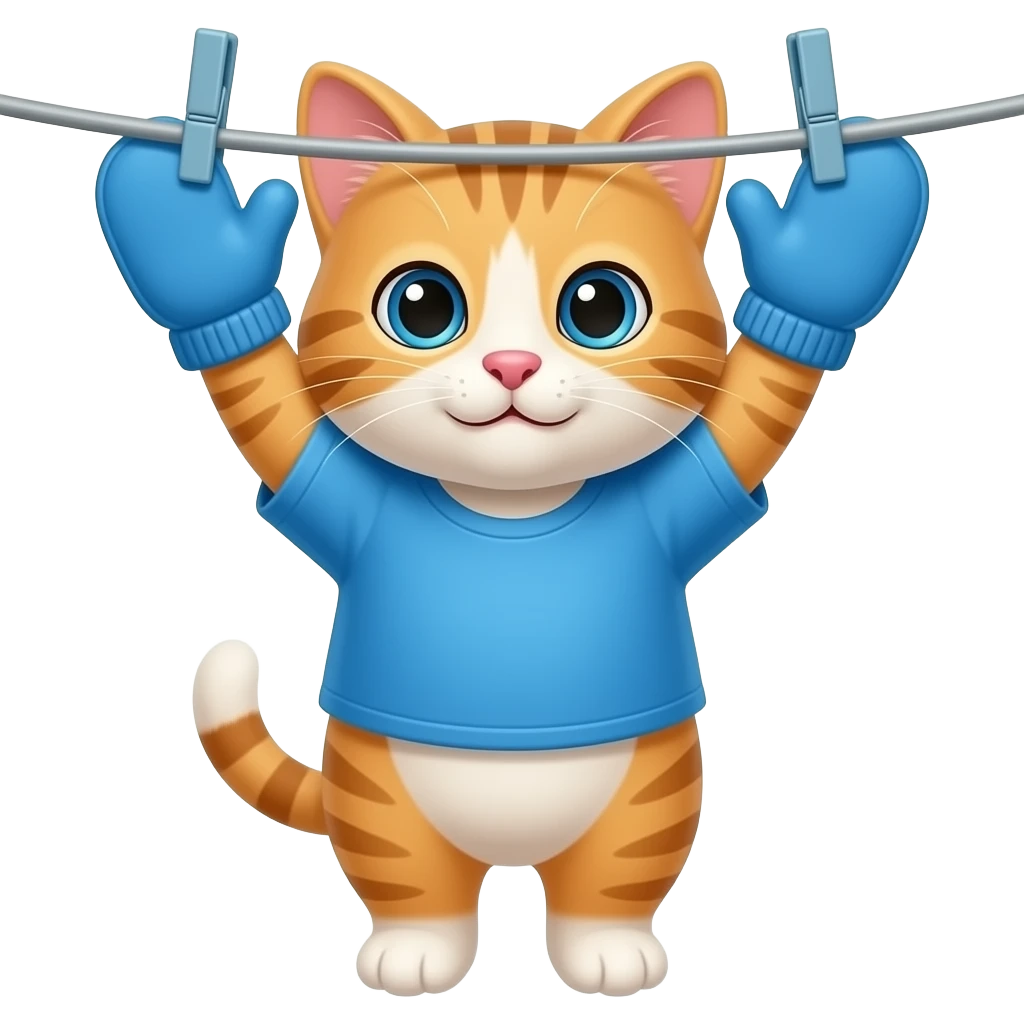 Cartoon baby kitten wearing a blue shirt wearing blue mittens hung the out to dry emoji