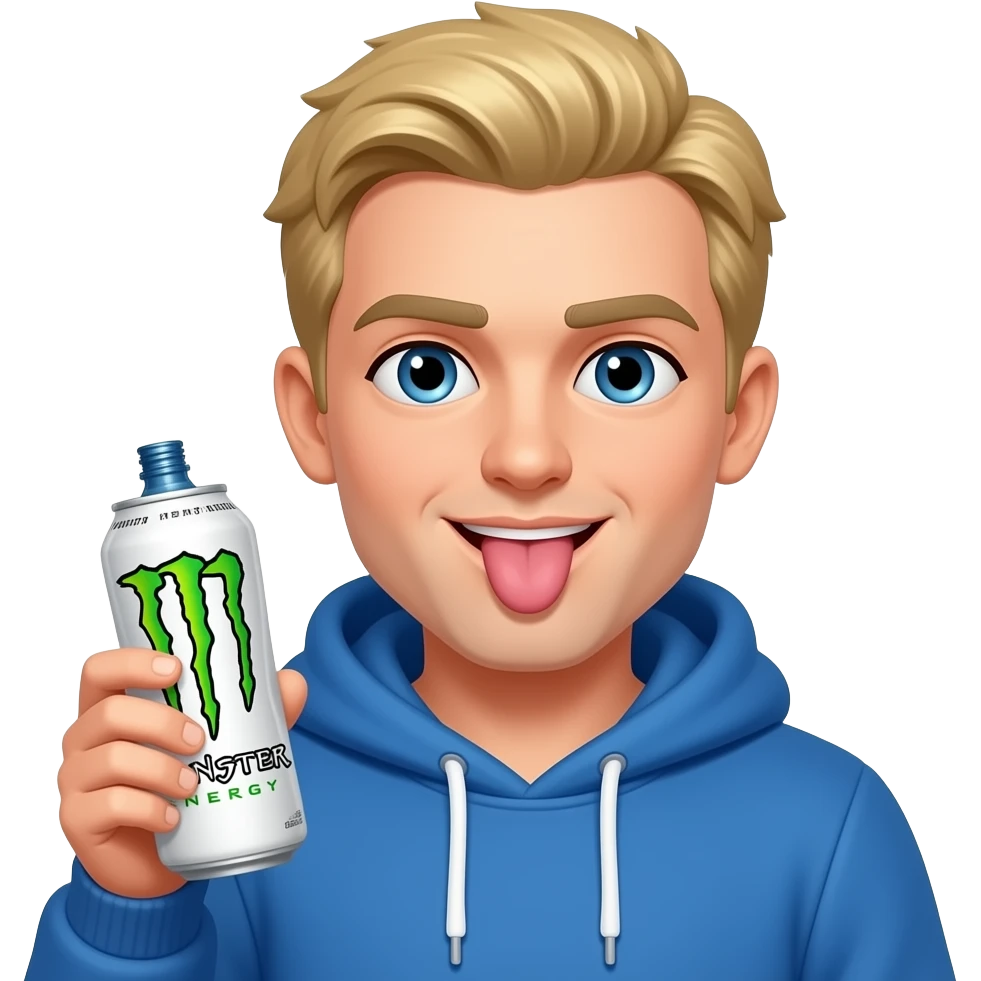Dirty blonde with massive forehead Kyle with a monster energy drink white  sticking his tongue out blue hoodie emoji