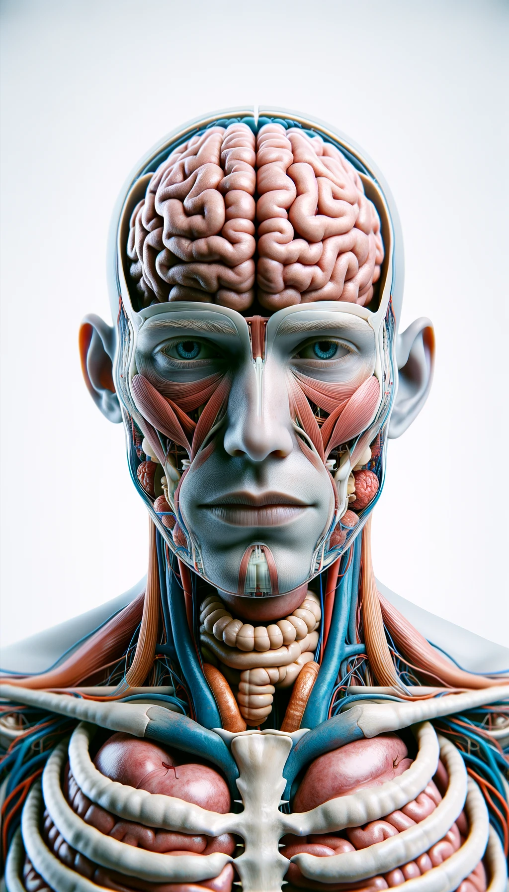 corpo umano anatomico con cervello, intestino e stomaco in evidenza, espressione neutra in volto, posa frontale, iperrealistico 4k, isolato su sfondo bianco emoji