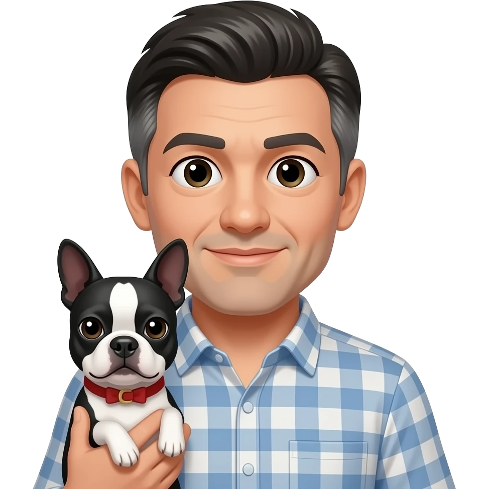 White man with dark hair with grey streaks holding a Boston Terrier dog emoji
