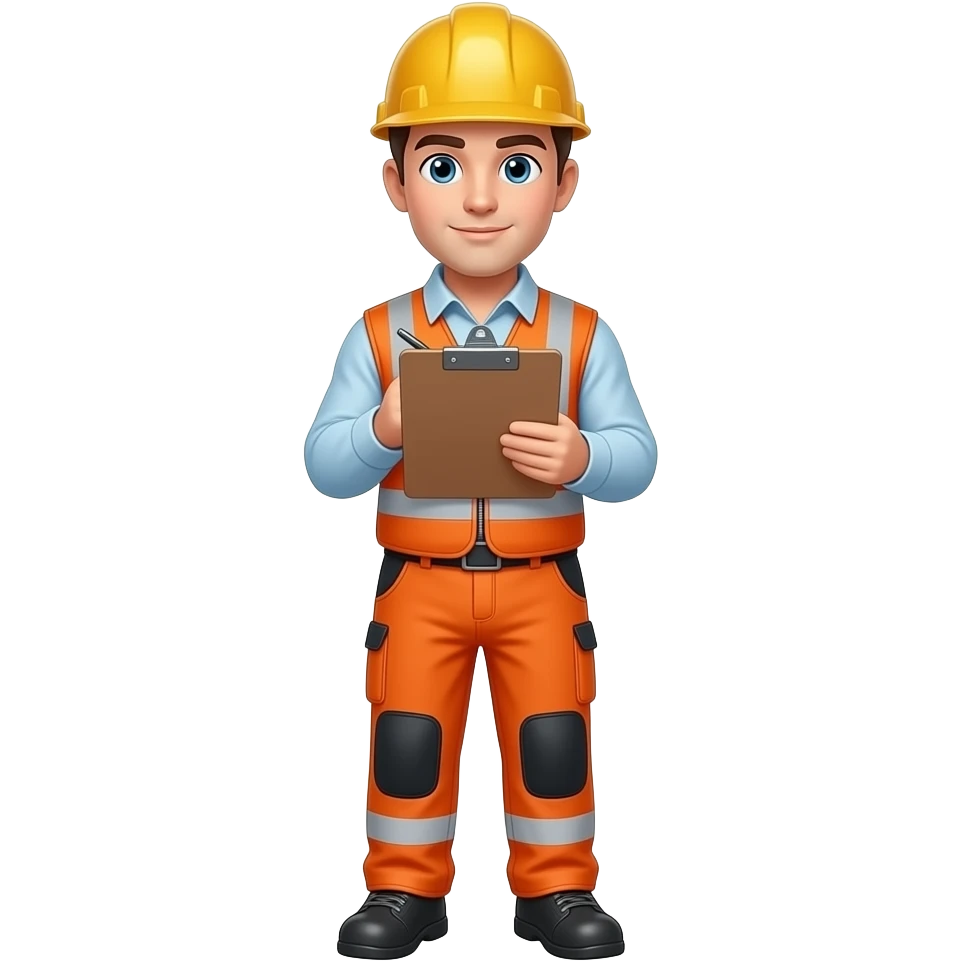 engingeer standing full hi vis orange overalls looking at a clipboard emoji