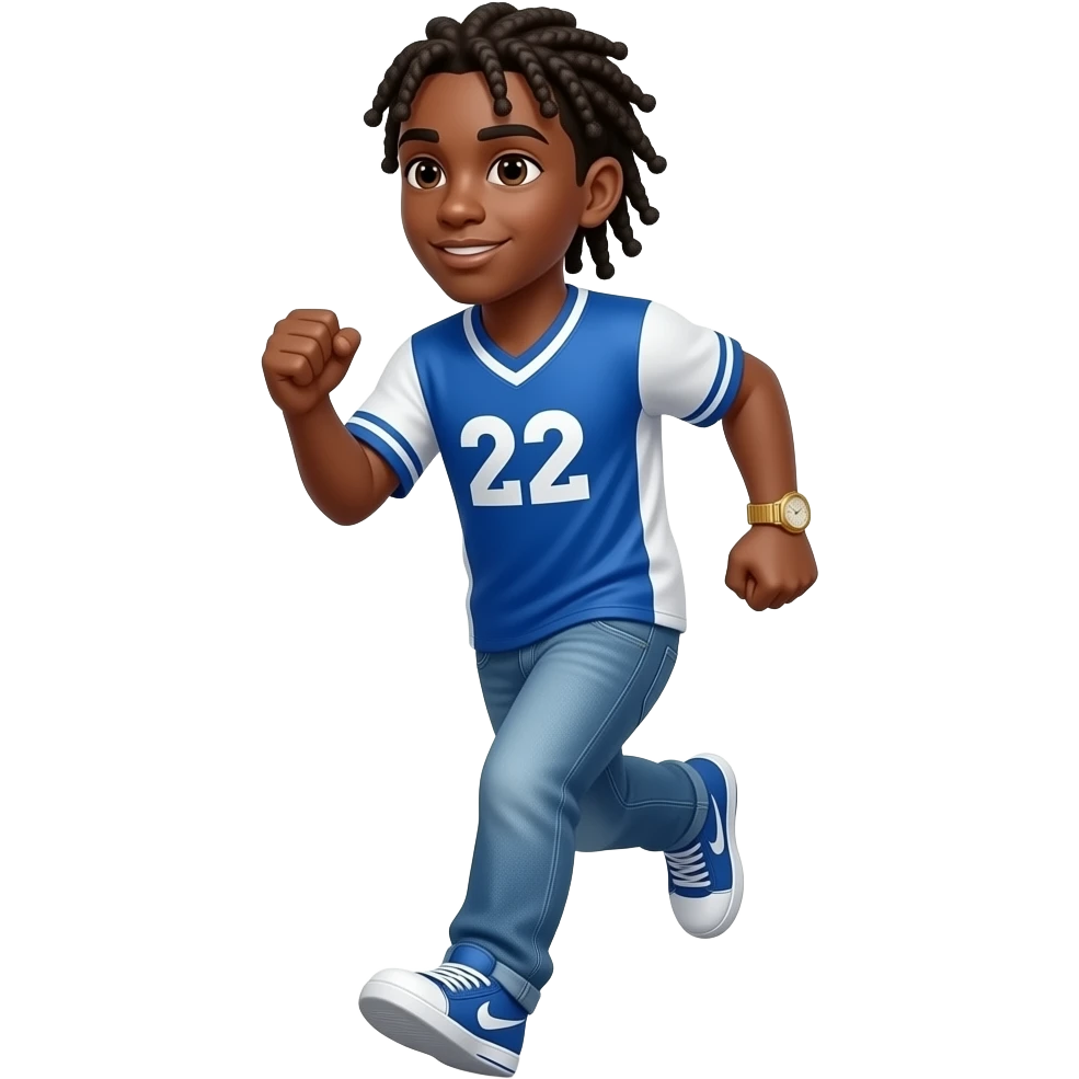 African American teenage boy with cornrow braids to the back wearing a blue and white jersey shirt with 22 on it wearing denim jeans wearing a gold watch emoji