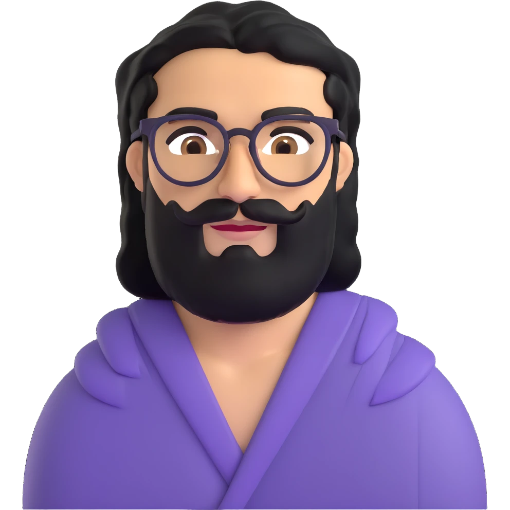 middle eastern man with medium length black beard, black hair, thick connected unibrow, tan skin, brown eyes, wearing glasses emoji