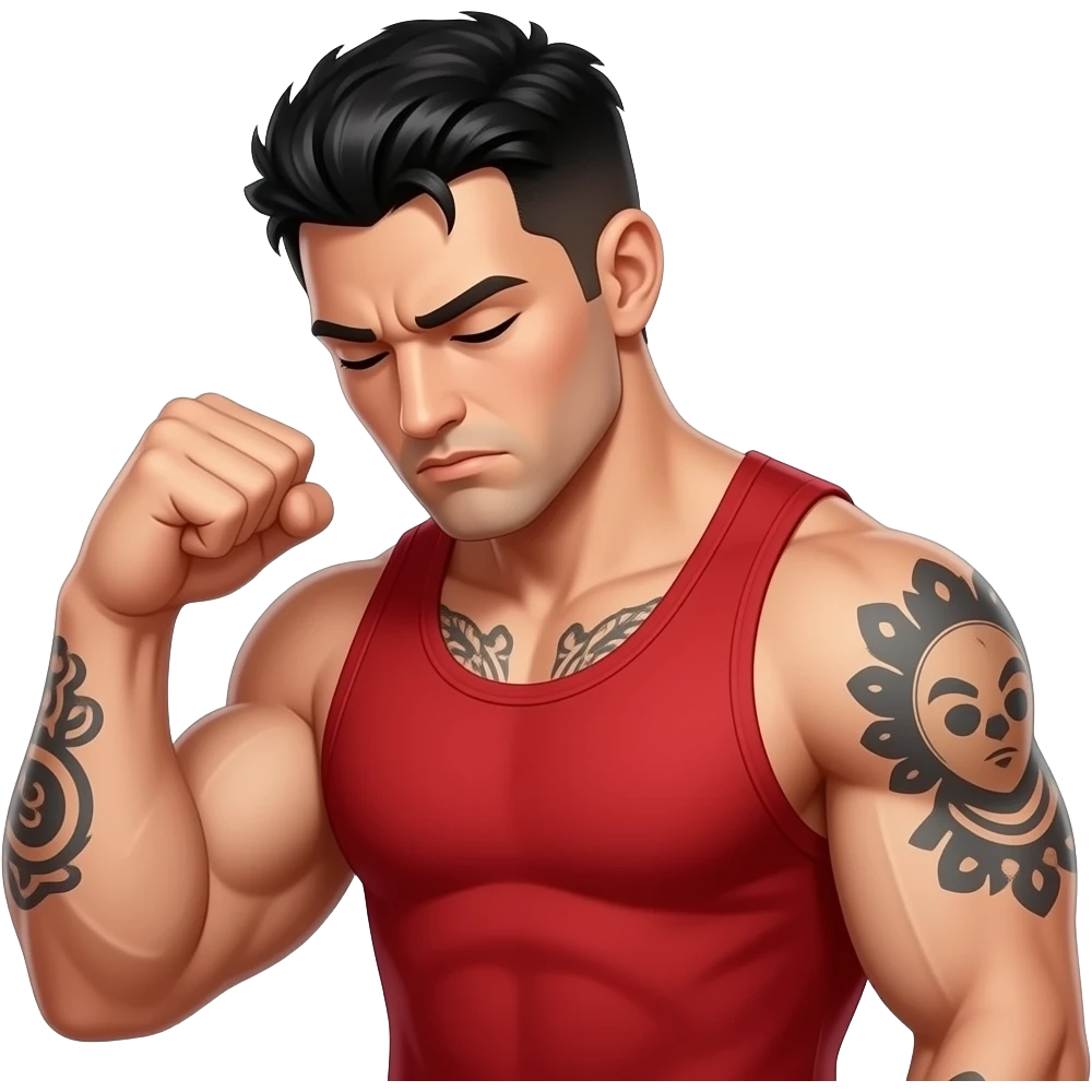A strong buff gym guy looking like Tony from battle camp Netflix with dark black hair and tattoos clean shaven and a red tank clenching his fist in defeat with his head down with an air bubble saying dahm emoji