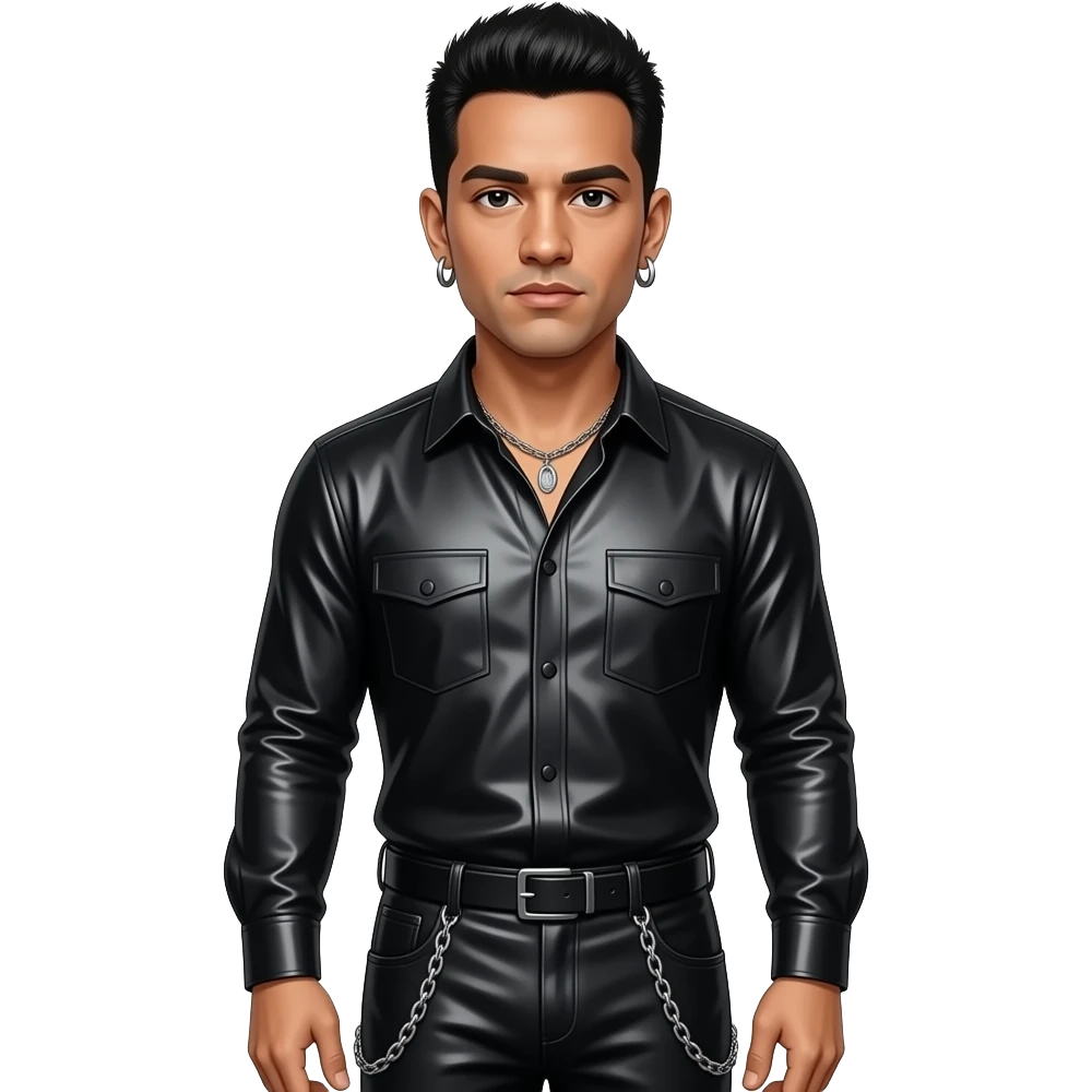 Chino Moreno with black metallic sleeves shirt, black metallic baggy pants with chain, necklace and earrings emoji