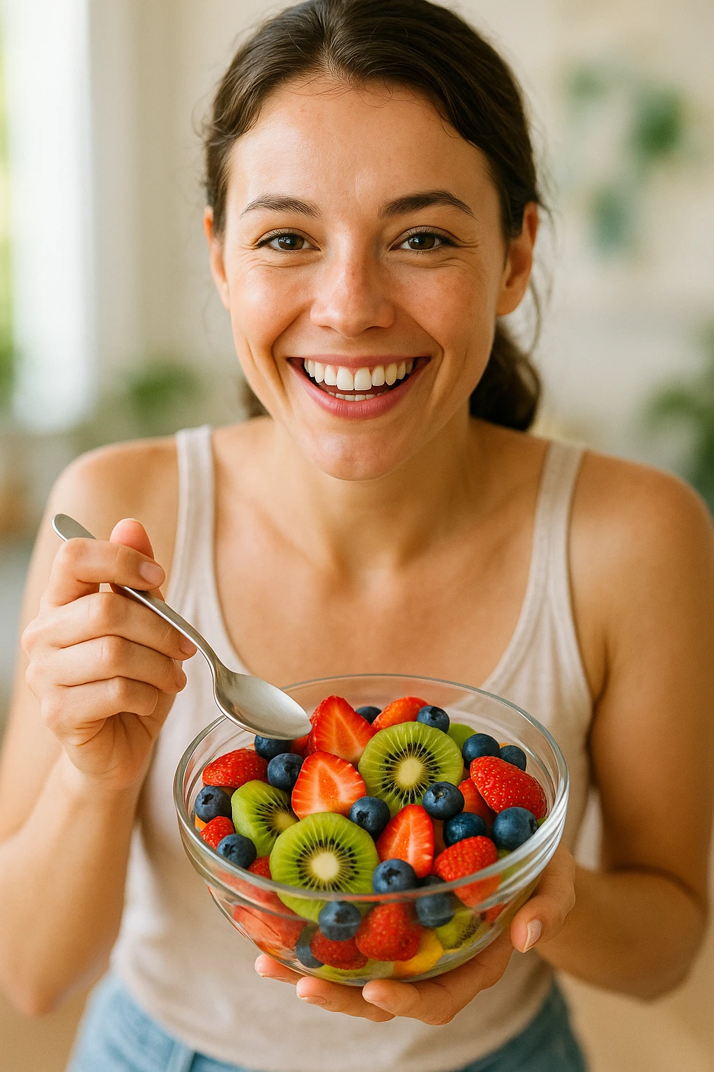 A cheerful person holding a glass bowl of colorful fruit salad with vibrant pieces of strawberries, kiwis, and blueberries visible. The person is wearing a casual, light-colored tank top and has a friendly, bright smile as they prepare to take a bite with a spoon. The overall composition focuses on health and enjoyment. emoji