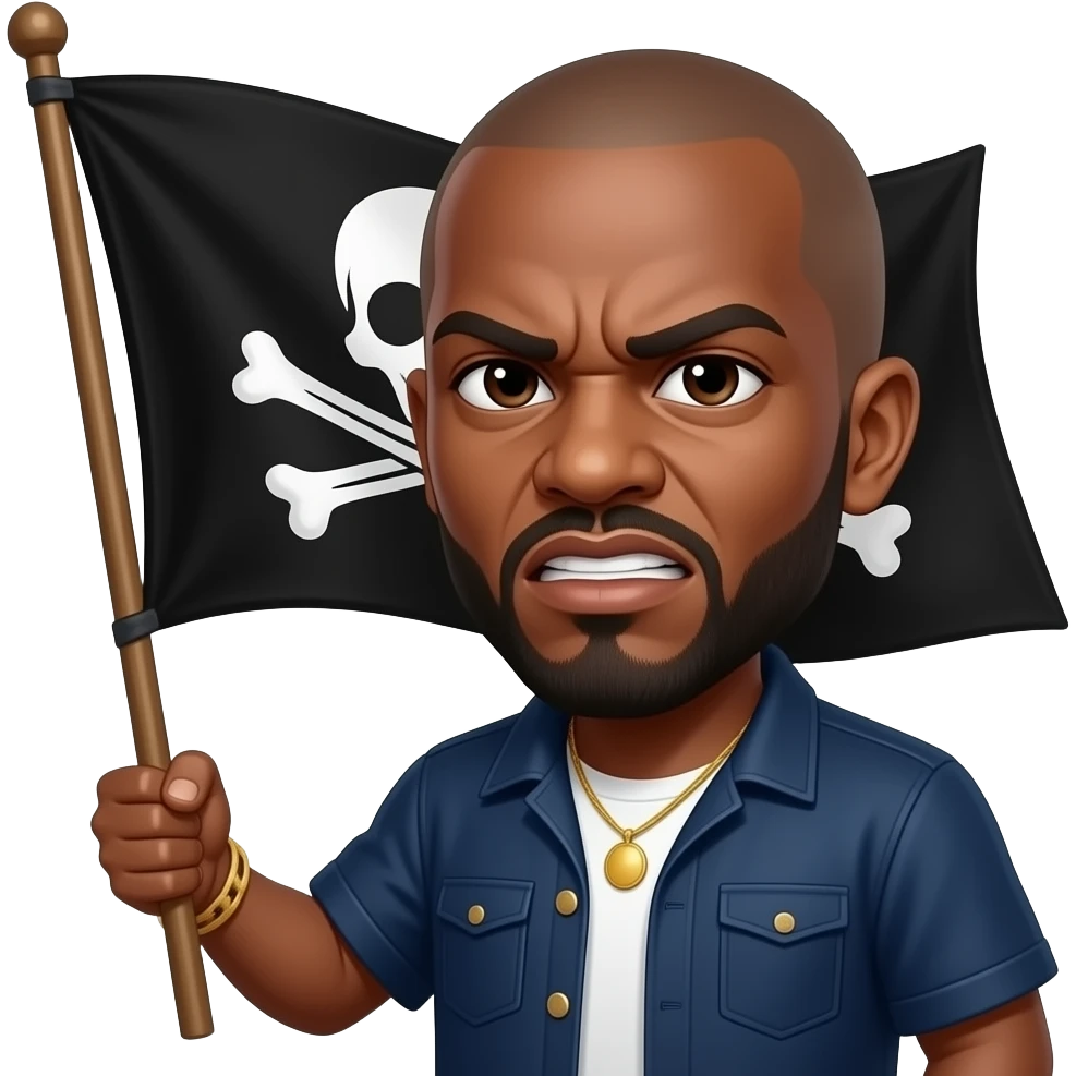 french rapper booba with bald head et angry eyebrows holding the pirate flag emoji
