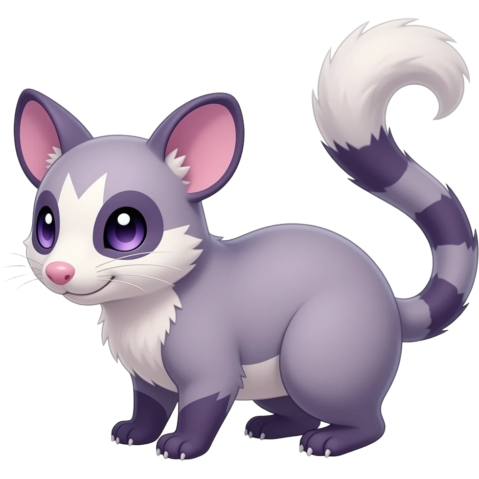 Purple, soft realistic romantic vintage antique divine beautiful elegant pretty precious cute young youthful Fakémon-Pokémon-opossum-feline-mouse-serval-caracal-chinchilla-Minccino-Cinccino-Meowstic-rodent-hybrid-creature with a tufted tail (full body) emoji