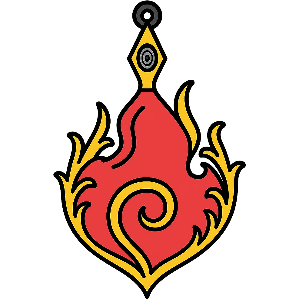 Replace the cross at the top with a kunai featuring a Rinnegan eye in the center of the kunai, while maintaining the style of the Naruto fire symbol. Background should be transparent. emoji
