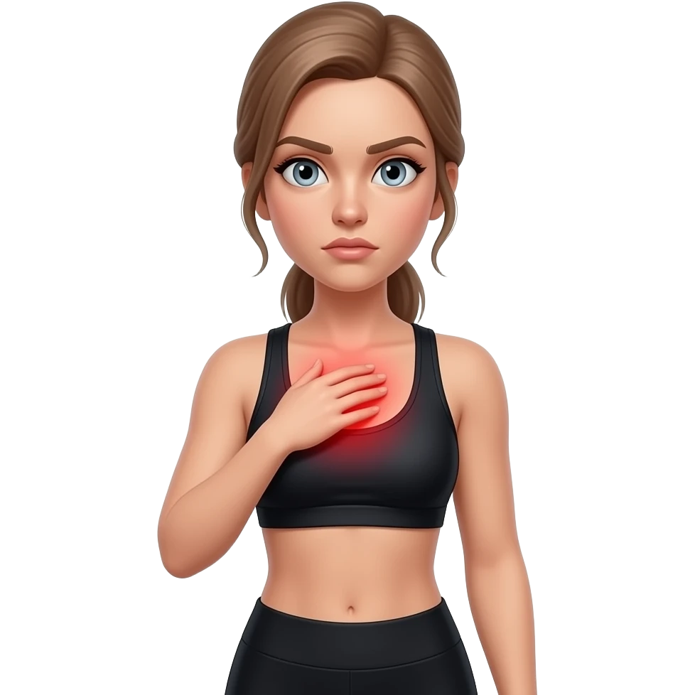 all chest tension, red glow on all chest, woman touching upper chest, fair-skinned woman, gray-blue eyes, ash brown brows, ash light brown hair tied back, slim athletic body, black workout set, white background emoji
