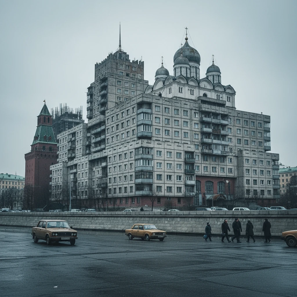Московский Кремль, но как будто его скрестили с панельками Хрущева.

В стиле фотореализма emoji
