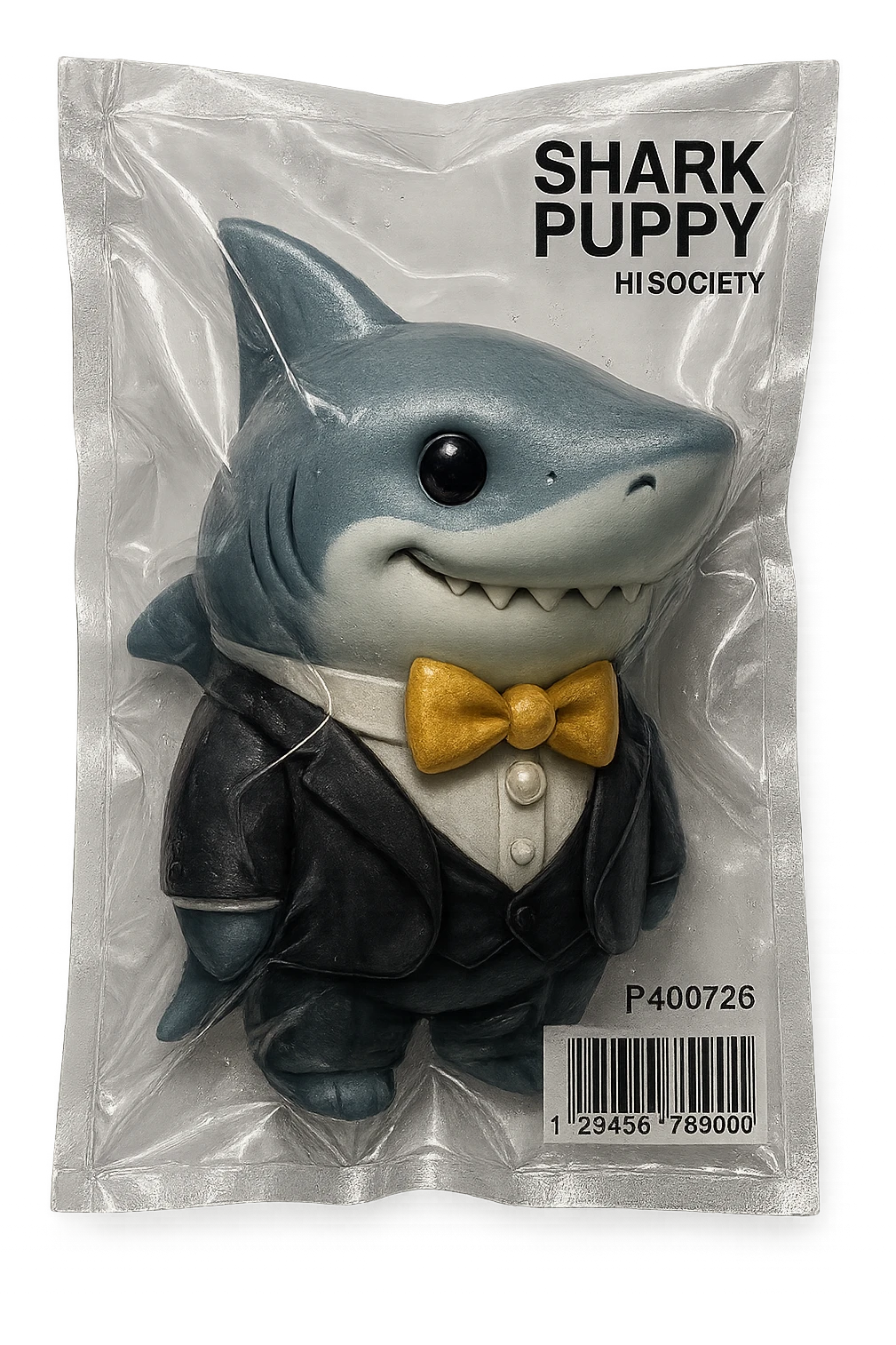 a shark puppy dressed for a high society party emoji