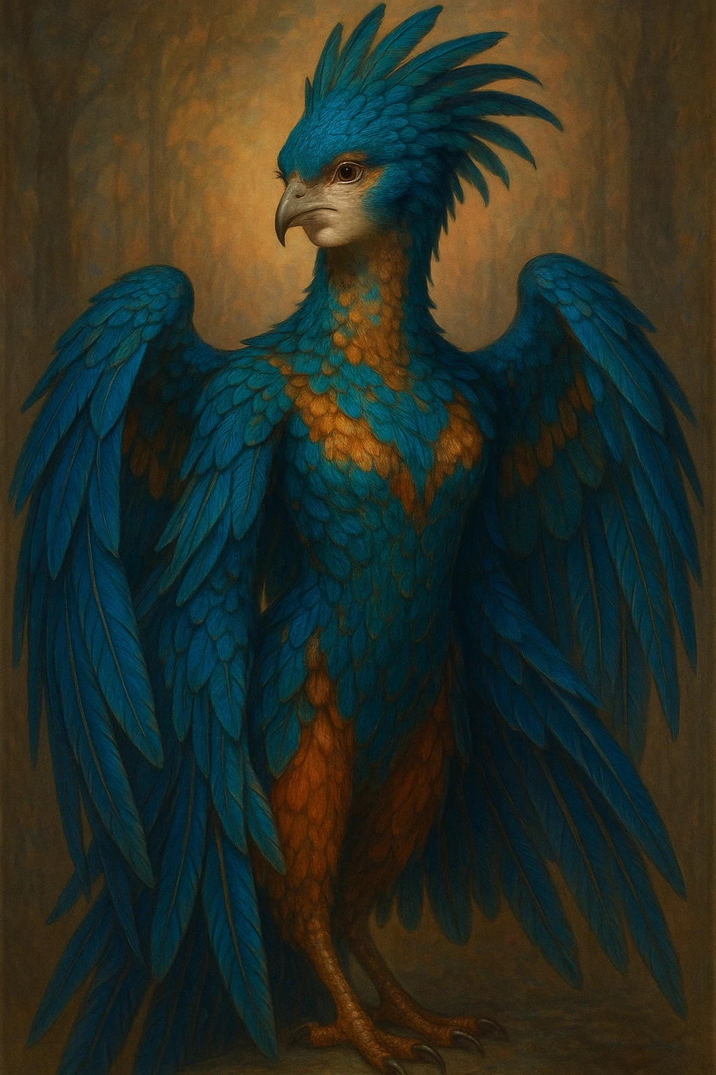 hybrid bird woman with mostly bird features, fantasy style, any bird species, vibrant colors, detailed feathers, elegant and mystical appearance emoji