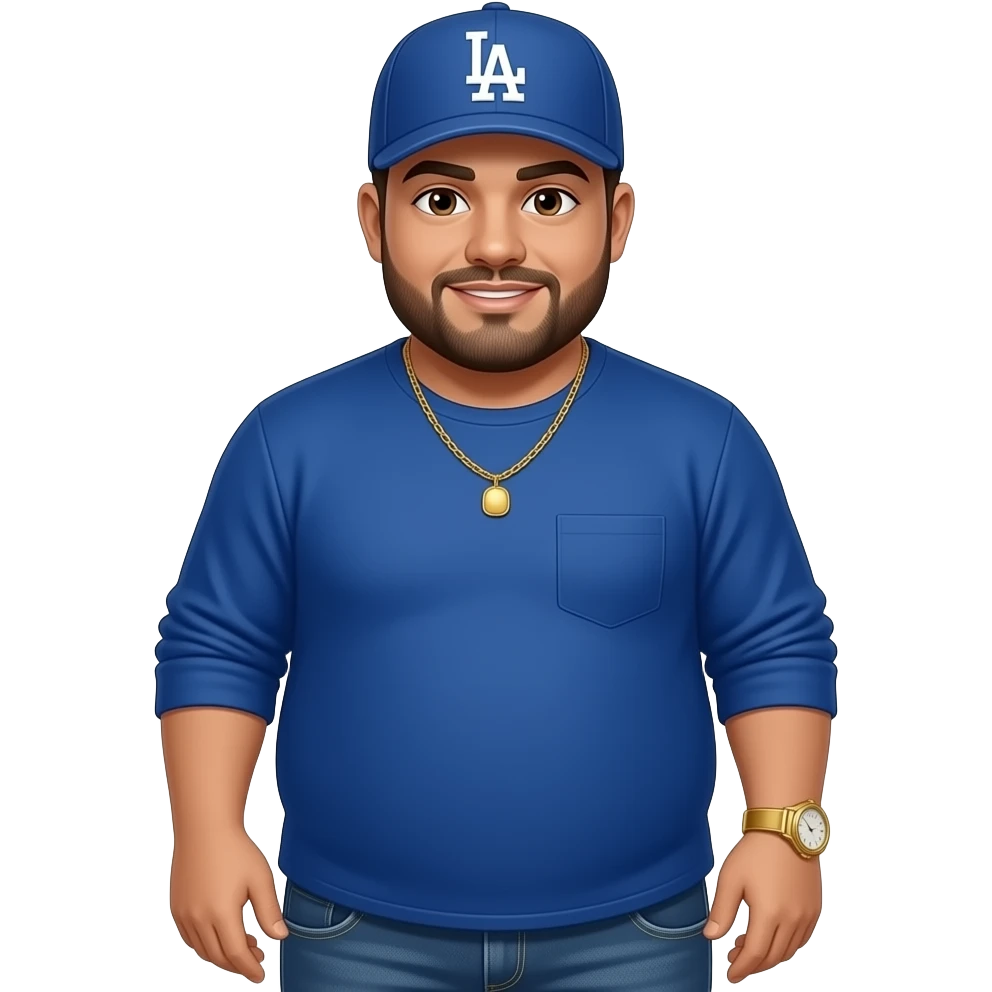 Chubby man with brown eyes and light honey skin tone and lightly shaved black beard wearing a blue Los Angeles Dodgers logo baseball cap wearing a long sleeve blue shirt wearing a gold tennis necklace and a gold wrist watch wearing denim jeans writing emoji