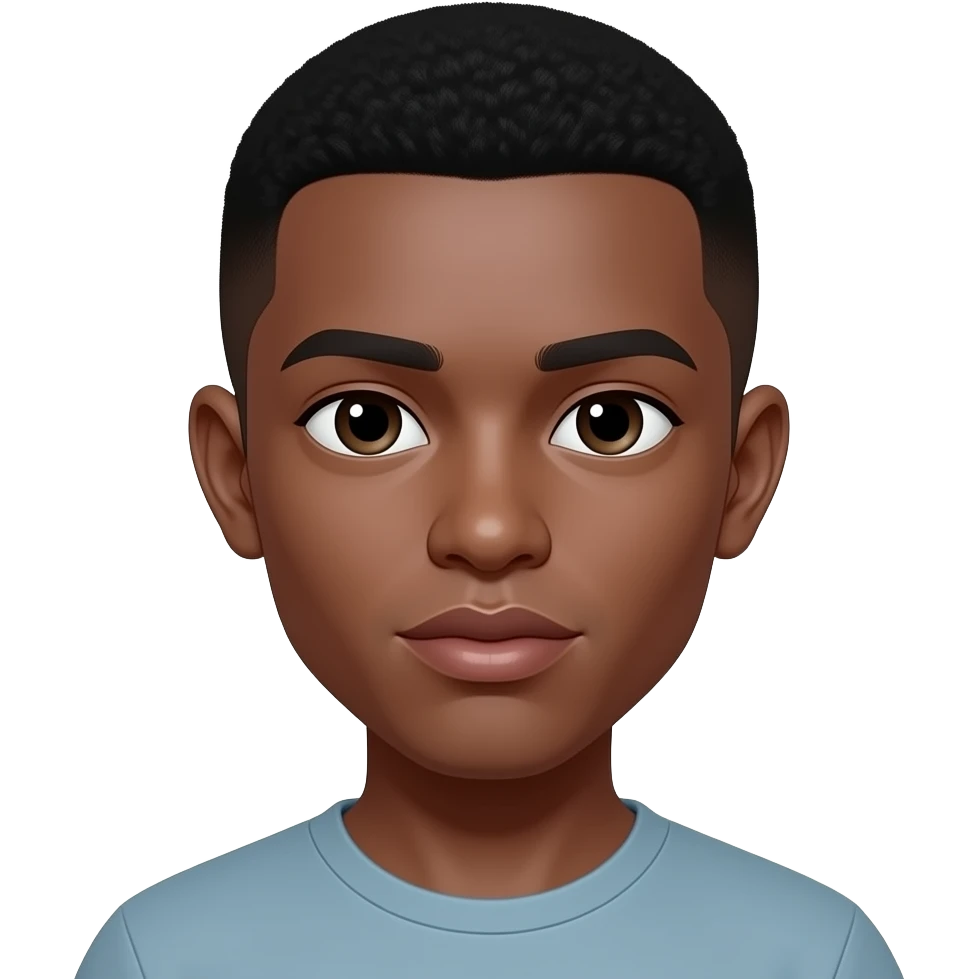 very dark skin, asain eyes, male, staightish fade haircut, thick lips, flat botton nose, teenager emoji