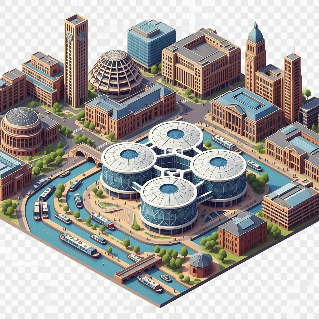 Isometric illustration of Birmingham, featuring the Library of Birmingham with its modern architecture and nearby canals, highly detailed in semi-realistic style, balanced between stylized and realistic, 3D miniature effect, transparent background. emoji