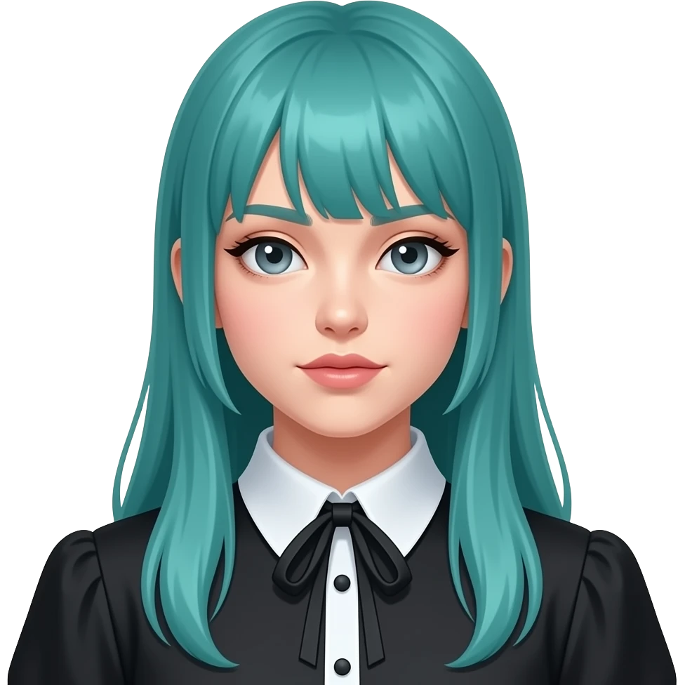 girl, sigh, long flowing teal hair, grey eyes, black shoulder cyberpunk blouse with fancy white collar emoji