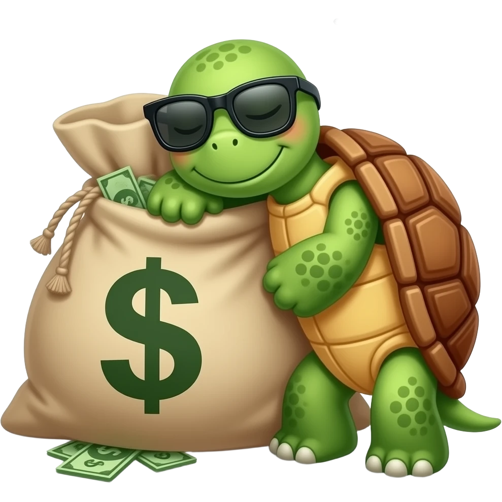 A turtle with sunglasses sleeping by a bag of money emoji