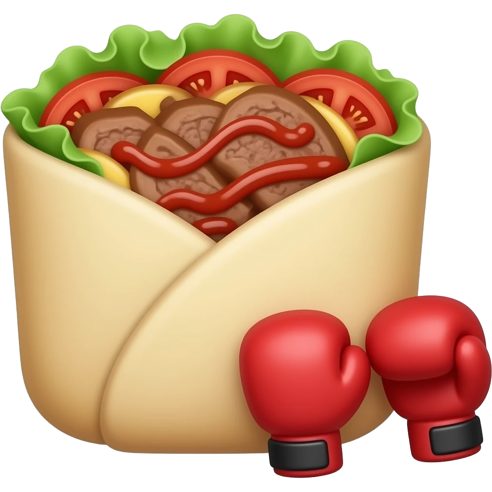 Doner kebab emoji in an open flatbread (not wrapped like a dürüm), visible filling with layered meat slices, lettuce, tomato and sauce, bread folded but open at the top, small boxing gloves, no arms or legs, clean glossy emoji style emoji